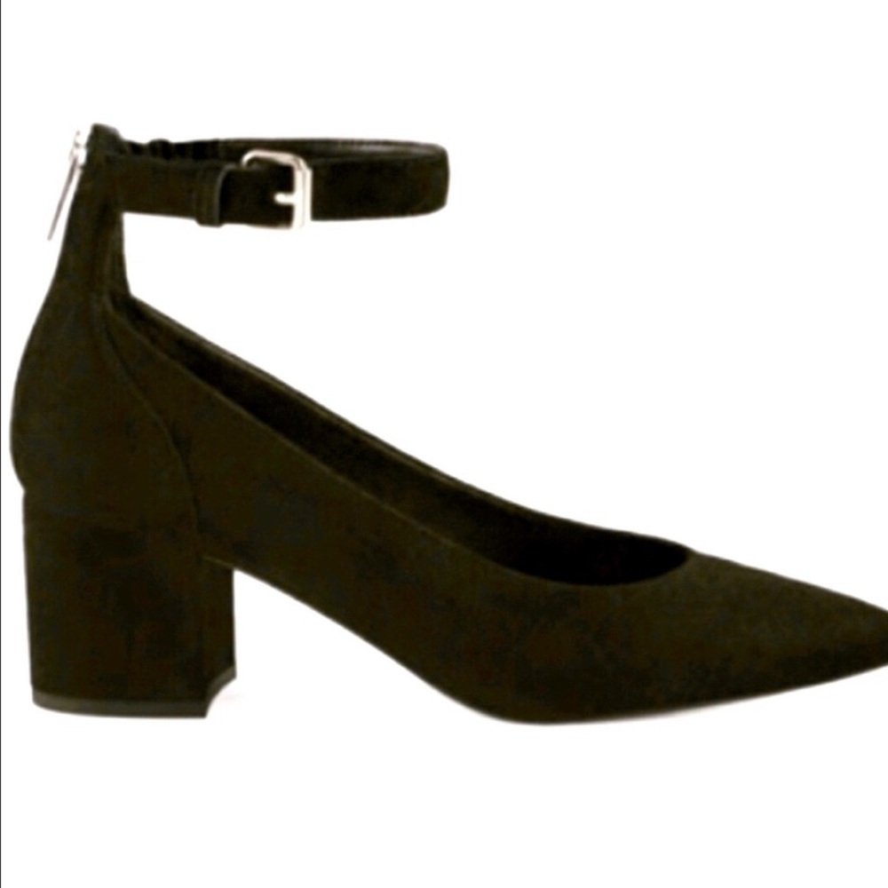 Black Leather Stacked Heel Ankle Strap